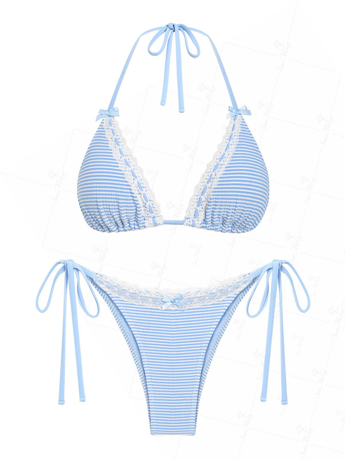 Vintage Polka Dots Print Lace Trim Bowknot Decor Halter Triangle Tie Side Bikini Set - Sky Blue