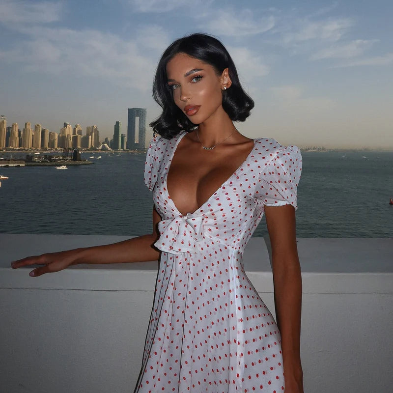 White Red Polka Dot Chiffon Mini Dress