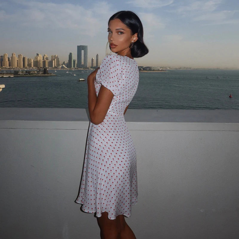White Red Polka Dot Chiffon Mini Dress